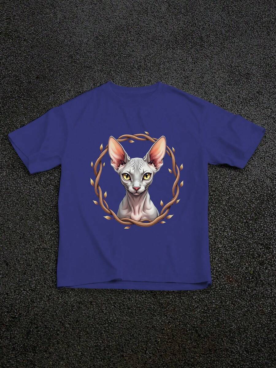 Sphynx Cat Illustration Pure Cotton Men's T-Shirt Comfort Fit - 藍色 - 查看 1