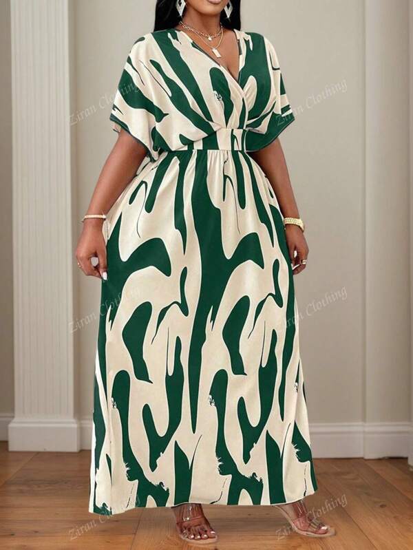 Robe à encolure en V tout imprimée, manches courtes élégantes, tailles plus