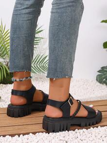 European & American Style Fashion Strap Roman Sandals With Wedge Platform - Black - View 8