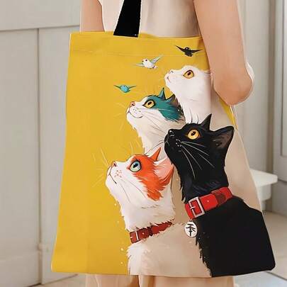 Cat Pattern Double-Sided Printed Shoulder Handbag Printed Handbag Casual Travel Beach Bag Large Capacity Reusable Shoulder Shopping Bag Women's Casual Shoulder Bag Handbag Large Capacity Canvas Beach Bag Handbag Shopping Bag Printed Women's Grocery Shoulder Bag Back To School ,School Supplies,Shop Back To School