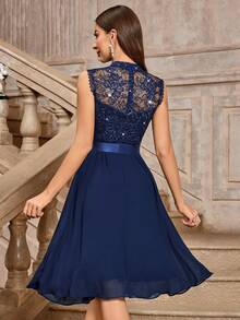 MIUSOL Turtleneck Sequin Floral Lace Sleeveless Ruffle Hem Cocktail Party Dress - Navy Blue - View 2