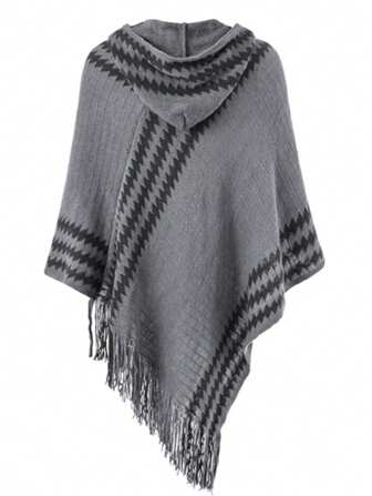 1 件女士连帽提花双色仿羊绒腈纶针织斗篷披肩，宽松流苏，适合旅行、办公室、家居，加大码