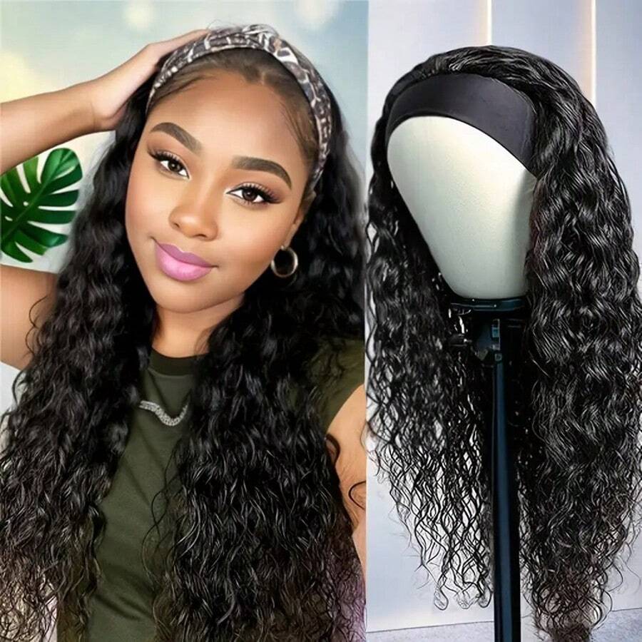 180% Density Human Hair Wig Natural Color Long Kinky Curly Headband Human Hair Wigs Wear And Go Glueless Wig For Women Full Machine Made Wig With Band - Natural Black - 查看 1