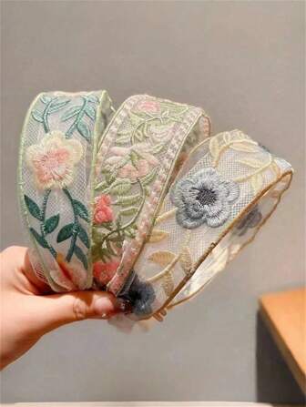 3pcs Boho Style Women Elegant Floral Embroidered Versatile Headband, Random Colors, Suitable For Daily, Commute, School, Work, Beach, Party, Gift Back To School