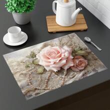 1pc/4pcs/6pcs Beautiful Flower Pattern Linen Table Placemats, Suitable For Dining Table, Seasons All Year Round, Modern Washable Placemats For Room Decor, Table Runners, Coasters, Kitchen Dining Table Mats, Party Decorations, Home Decor, Perfect Gift