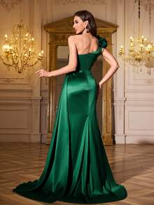 Women's Elegant One-Shoulder Sleeveless Sequin Patchwork Satin Slim-Fitting Flying Debris Decoration High Slit Ball Gown Evening Dress - Dark Green - View 4