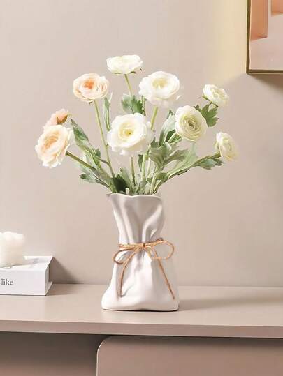 1PC Boho Farmho Linen Inspired Ceramic Like Plastic Vase Textured Surface, Home Centerpiece Wedding Ho warming Unisex Rustic Tabletop ation Room Flower Glass