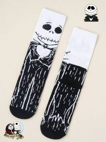 Disney 1 par, unisex, calcetines de media caña con dibujo de Jack de Disney, contraste negro y blanco, tejido suave, ajuste elástico, estilo gótico oscuro, set de calcetines de pareja/mujer, edición limitada para Pascua/verano/Halloween/pareja/mujer/calcetines blancos