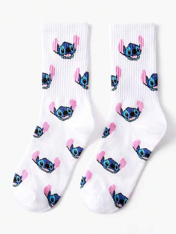 1 Pair Spring/Summer Unisex/Couples Crew Socks, Stitch Pattern, Odor-Resistant, Moisture-Wicking, Casual, Versatile, Cartoon Pattern, Suitable For Students, Adults As Gifts Or Daily Wear