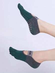 6 Pairs Women Sport Toe Separator Socks, Contrasting Color Letter Knit, Non-Slip Grip Suitable For Pilates, Ballet, Dance, Barefoot Workout, Spring/Summer