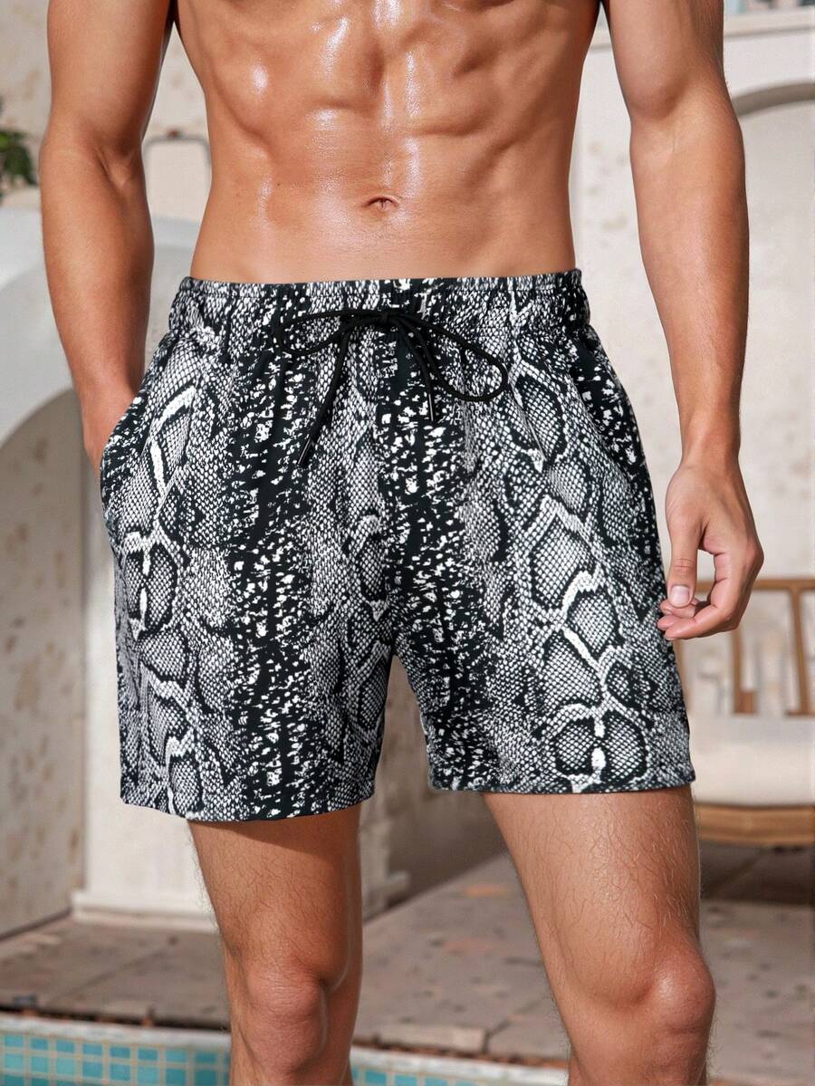 Men's Snake Skin Print Beach Shorts, Simple & Fashionable, Suitable For Summer,Hawaiian - Black - View 1