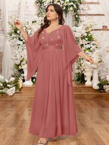 Vestido de fiesta largo con cuello en V profundo, mangas de mariposa, encaje con lentejuelas y gasa, para ocasiones especiales - Rosa vieja - Ver 11