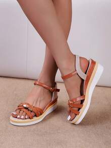 2025 Plus Size Roman Style Open Toe Solid Color Round Toe Strap Ankle-Strap Platform Wedge Sandals, Suitable For Weddings, Office, Outdoor In Summer - Brown - View 5