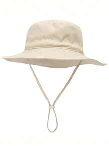 1pc Kids Sun Protection Bucket Hat With Windproof Rope, Simple Solid Color Or Cartoon Print Design, Thin Breathable Bucket Hat, Beach Hat And Bucket Hat Suitable For Daily Travel