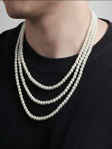 单层男士珍珠项链，圆珠不锈钢锁骨链，珍珠项链，可叠戴使用，适合日常生活、聚会、宴会等场所 - 彩色 - 查看 2