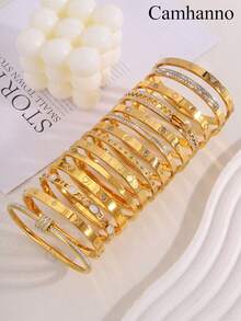 Camhanno 1 Chiếc Vòng Tay Bằng Thép Không Gỉ Thời Trang Sang Trọng Nhẹ Nhiều Kiểu Dáng Làm Quà Tặng Cho Bạn Gái Của Bạn - Vàng - Xem 12