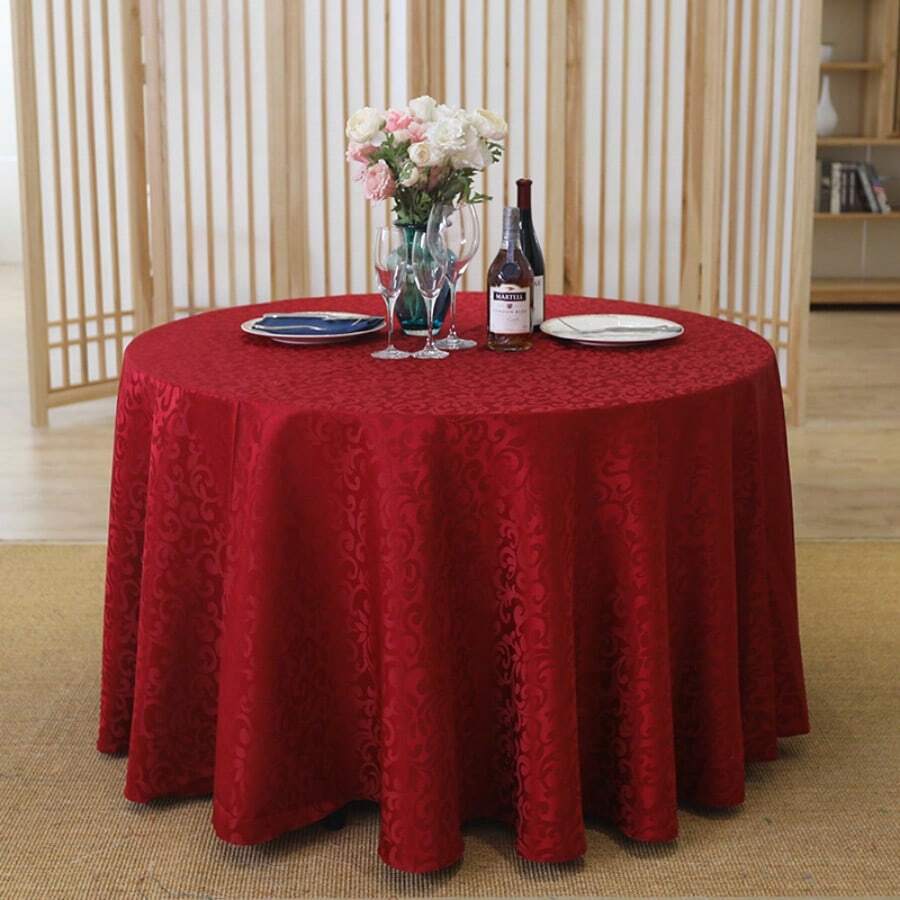 1pc Double Rose Jacquard Wine Red Round Tablecloth For Dining Table, Suitable For Wedding, Valentine's Day, And Home Decor - Burgundy - View 1