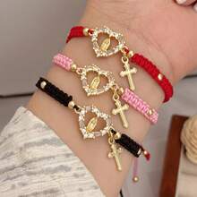 1 pezzo Braccialetto intrecciato regolabile ispirato alla fede, con disegno della Vergine Maria e della Croce, placcato in oro 18K in rame con zirconia cubica, adatto per uomo e donna per uso quotidiano