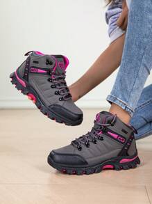 1 Pair Women Mid-Cut Outdoor Hiking Boots, Grey High-Top Hiking Shoes, Heat & Wear Resistant Thick Sole Non-Slip Hiking Boots