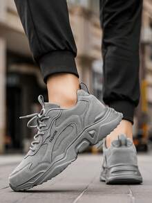 Men's Retro Gray Leather Splicing Letter Decor Outdoor Sports Shock Absorbing Running Shoes, Niche Round Toe Lace-Up All-Match Casual Couple Sports Chunky Sneakers, For Active Jeans Outfit - Grey - View 9