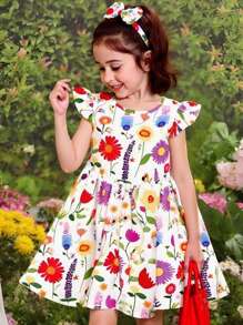 Seven Princess 1 pièce Robe d'été décontractée et confortable pour filles, à imprimé floral, col rond, manches courtes, taille cintrée et coupe évasée