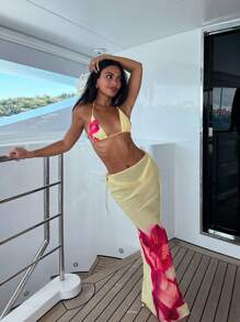 Set bikini con stampa floreale in stile boho con scollo alla halter, set da 3 pezzi con pareo abbinato, per l estates e le vacanze al mare