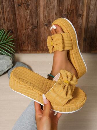 Women's Elegant Platform Slide Sandals With Bow Decor, Fashion Versatile Outdoor Slippers For Summer