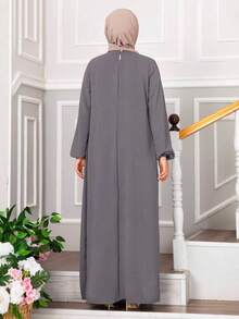 Fashion Women's Casual Retro Plain Round Neck Long Loose Robe Muslim Dress - Grey - View 4