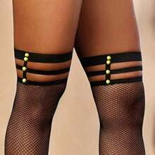 1pc Women's Studded Fishnet Suspender Thigh High Socks, Sexy For Party And Club