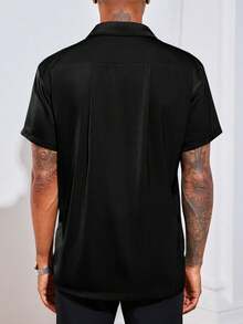 Runcati Mens Luxury Satin Silk Dress Shirts Casual Button Down Short Sleeve Prom Party Wedding Shirt - Black - View 2