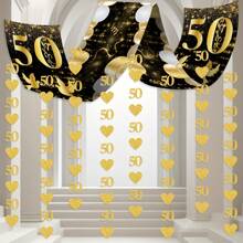 Pancarta del 50 aniversario, decoraciones para el 50 aniversario de boda, pancarta del 50 aniversario, guirnalda con número 50 corazones negro y dorado, decoración del 50 aniversario para fiesta de cumpleaños de 1975 boda de oro