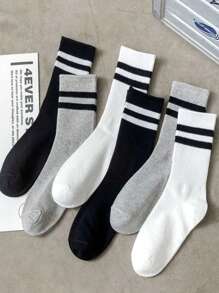 3/6pairs Women Striped Pattern Casual Crew Socks, For Daily Life, Fall Socks