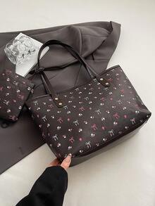 Bộ 2 túi tote cỡ lớn mới, thiết kế hoa văn và nơ, quai xách đôi, phù hợp cho công việc, đi làm, như ba lô, rộng rãi, tiện dụng, phong cách cổ điển, công sở, phù hợp cho nữ sinh trung học, sinh viên đại học, nhân viên văn phòng, tuyệt vời cho đi làm, tựu trường, học sinh trung học cơ sở, trung học phổ thông, đại học, kỳ nghỉ, túi xách thời trang có khóa kéo. - màu đen - Xem 6