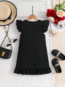 Rochie de vară pentru fete, cu imprimeu de inimă și slogan, casual, cu decolteu rotund și tiv cu volane