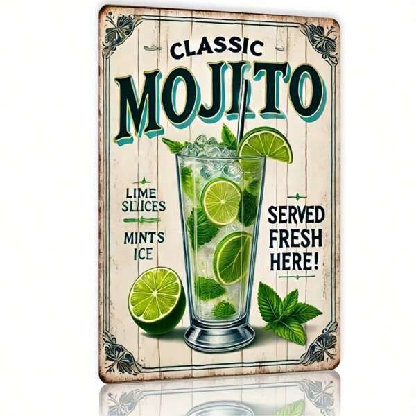 Decoração de quarto 1 peça "Mojito Clássico" Placa de lata de metal vintage, decoração de parede retrô para bar, café, casa de praia, casa de fazenda - Material de ferro, tema de coquetel clássico