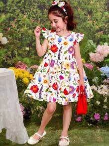 Seven Princess 1 pièce Robe d'été décontractée et confortable pour filles, à imprimé floral, col rond, manches courtes, taille cintrée et coupe évasée