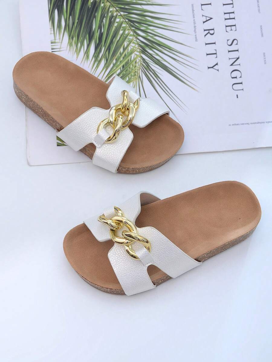 New Fashion Chain Slip-On Flat Sandals, Casual Versatile Strap Slides Suitable For Daily Wear