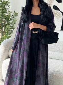 1 件时尚渐变色花卉印花女式长袍，优雅开襟羊毛衫长袍，端庄的卡夫坦