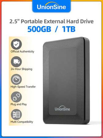 UnionSine 便携式外置硬盘 1TB/500GB USB 3.0 - 含拉链收纳盒，旅行理想之选 | 高速 2.5 英寸硬盘，适用于 PC、笔记本电脑、游戏设备 | 即插即用，轻巧便携