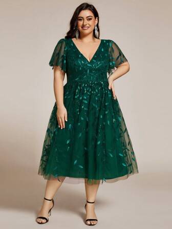EVER-PRETTY Elegante grüne Midi-Abendkleider mit V-Ausschnitt, Blumen-Pailletten und kurzen Ärmeln für Hochzeitsgäste, Partys, Abendveranstaltungen