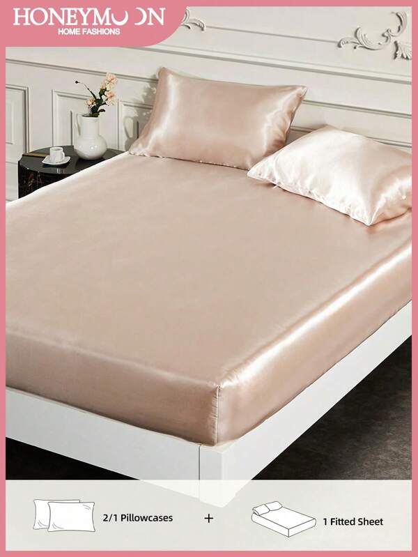 2/3pcs Solid Color Satin Fitted Sheet,1pc Satin Fitted Sheet+1/2pcs Satin Pillowcase Soft Breatheable Wrink-Free Better For Sleep, Luxury Hotel Style, Gift, For All Size Bed -Twin, Full, King, Queen Size Sheet 14inch/35cm Deep Pocket, Machine Washable