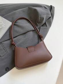 1 Peça Marrom Pu Liso Zíper E Decoração De Metal Bolsa De Ombro Versátil Casual, Adequada Para Uso Diário Feminino