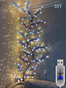 96颗LED蓝色樱花藤蔓灯，发光樱花枝灯，可弯曲樱花花环灯，蓝色和粉色樱花树灯，LED枝灯，8种闪烁模式，USB供电，DIY，室内氛围装饰灯，樱花墙面装饰，樱花枝花环装饰，适用于卧室、客厅、墙壁 - 96LED藤條燈 - 查看 6
