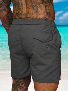 Men's Casual Solid Color Drawstring Waist Beach Shorts, Breathable - Dark Grey - View 4