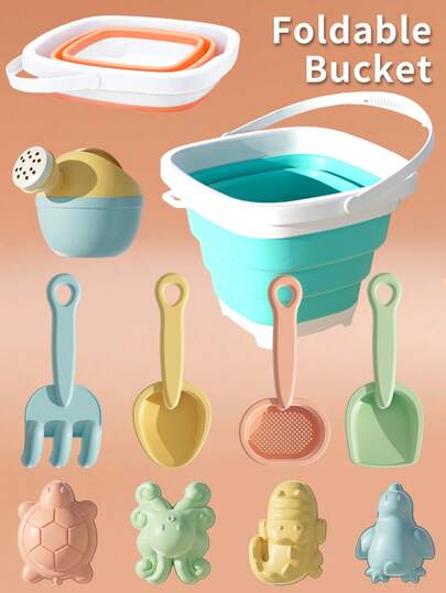 1/3/10件沙滩玩具套装，包括折叠桶、海洋动物沙模、喷壶、耙子、铲子，适合户外玩沙玩水，儿童男孩女孩（配件颜色随机）