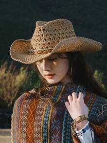 Boho 1pc Ladies' Hollow Out Woven Straw Hat In Beige With Western Cowboy Style Design, Sunscreen, Breathable, And Windproof Rope For Beach Vacation And Daily Wear In Summer - Khaki - View 2