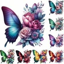 Pegatina de transferencia térmica de alta definición con degradado de color, con mariposa a la izquierda y flor a la derecha, adecuada para ropa, gorras, bolsos, toallas, sillas y otras decoraciones, de alta elasticidad y lavable