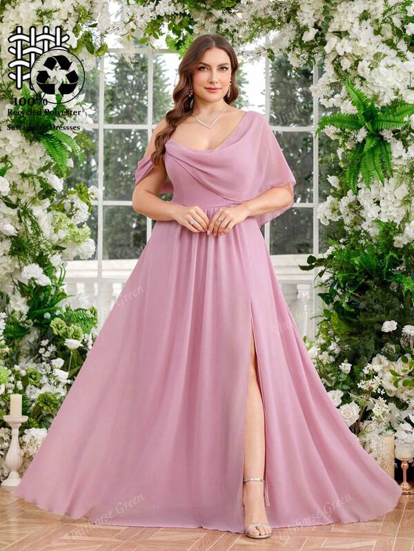 UNITHORSE Große Größen UNITHORSE Stoff Mehrlagiges Kleid mit drapiertem Kragen Trägerkarte, Designkleid, hochgeschlitztes Chiffon Brautjungfernkleid, Brautjungfernkleid
