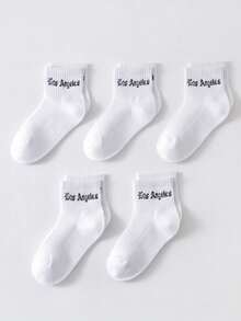 5 Pairs Kids & Youth Cotton Printed Letter Mid-Calf Socks, Student Casual & Football Sports Socks, Back-To-School - White - View 3