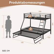 Bunk Bed With Pull-Out Bed, Metal Bunk Bed, Slatted Frame 100x200cm/140x200cm, Railing, Non-Slip Ladder, Loft Bed/Bunk Bed/Bunk Bed For Teenagers And Adults, Bunk Bed For 2 Children